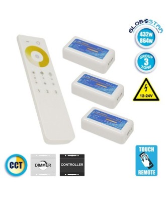 Ασύρματο LED Dimmer με Χειριστήριο Αφής 2.4G RF CCT 2 Χρωμάτων για Τρια Groups 12v (432w) - 24v (864w) DC GloboStar 04340